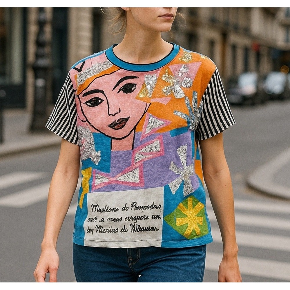 Vintage 80s Jou Jou Sequin Graphic Tee Womens Large Art Pop Abstract‎ Top